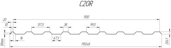 Профнастил С20R 1150/1100x0,4 мм эконом, 7037 пыльно-серый глянцевый
